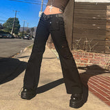Peneran Black Low Rise Goth Y2K Jeans Pockets Flared Denim Cargo Pants Women Korean Fashion Streetwear Jean Trousers