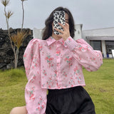 PENERAN Women Clothes Fashion 2022 Floral Print Shirt Women Y2k Harajuku Puff Sleeve Beautiful Blouses Korean Style 2022 Oversize Pink Crop Top Sweet Girl