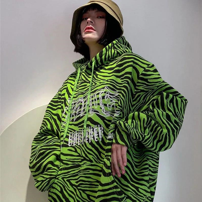 Peneran Streetwear Loose Pullovers Woman Zebra Print Hoodies Neon Green Oversized Harajuku Korean Student Fashion Coat Ladies Sweatshirt