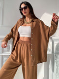 Peneran Oversized Shirt Tops Harem Pants Sets Women Long Sleeve Shirts Matching 2 Piece Set Casual 2022 Spring Single Breasted Top Suit