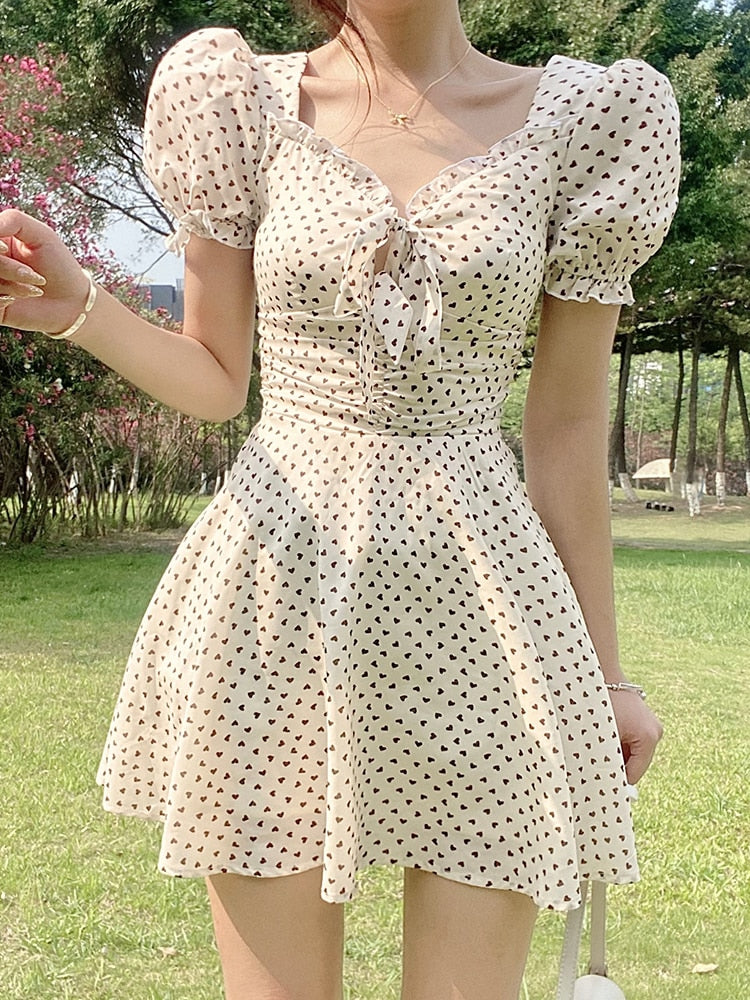 Peneran Sunny Dot Printed Mini Dress Lace Up Bow Frill Pleated Dress Women Fairycore Short Sleeve Cute French Sundress Korean Beach