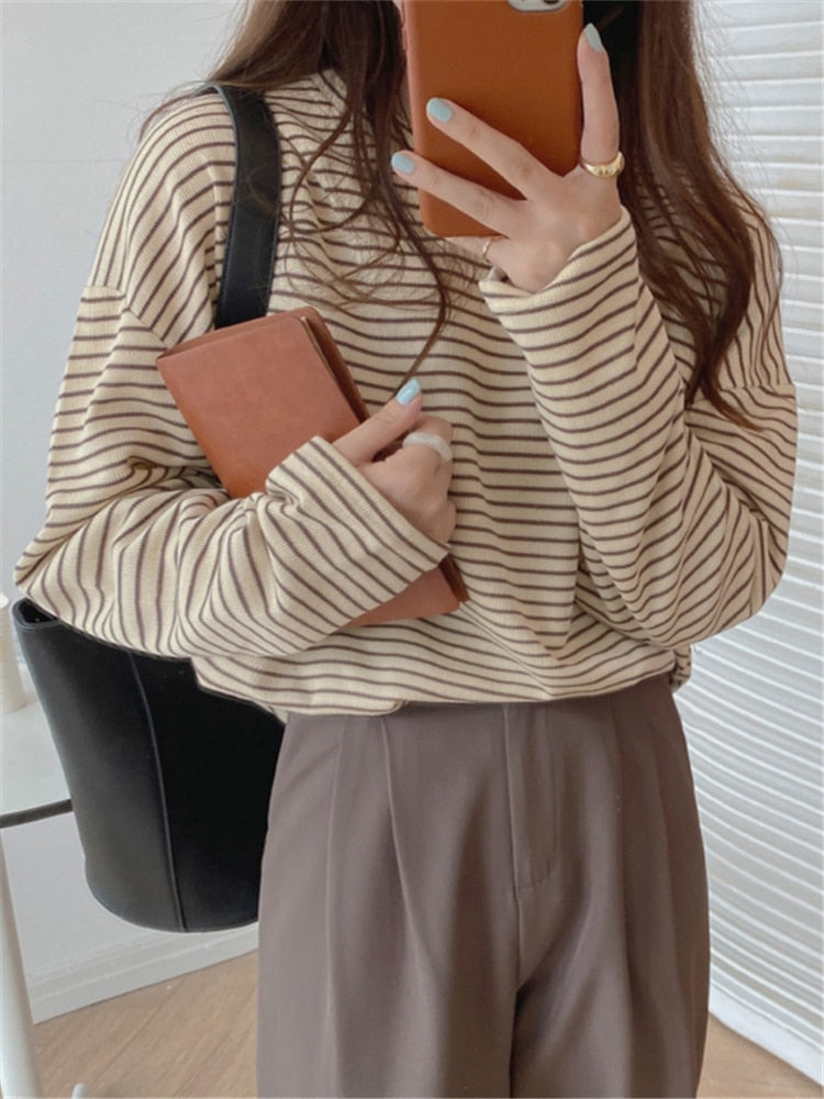 Peneran Coffee Stripes Cotton T-Shirts Women Loose-Fitting Autumn 2022 Hot Sale Lady Casual Full Sleeve Chic All Match Tops