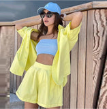 PENERAN Summer Tracksuit Women Shorts Two Piece Set Solid Turn-Down Collar Short Sleeve Shirt Tops And Loose Mini Shorts Suit Outfits