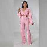 PENERAN Sexy Long Sleeve Shirts With Bra Suit Women Two Pieces Set Solid Pleated Trouser Suits Female Fashion Straight Pants Set Outfits