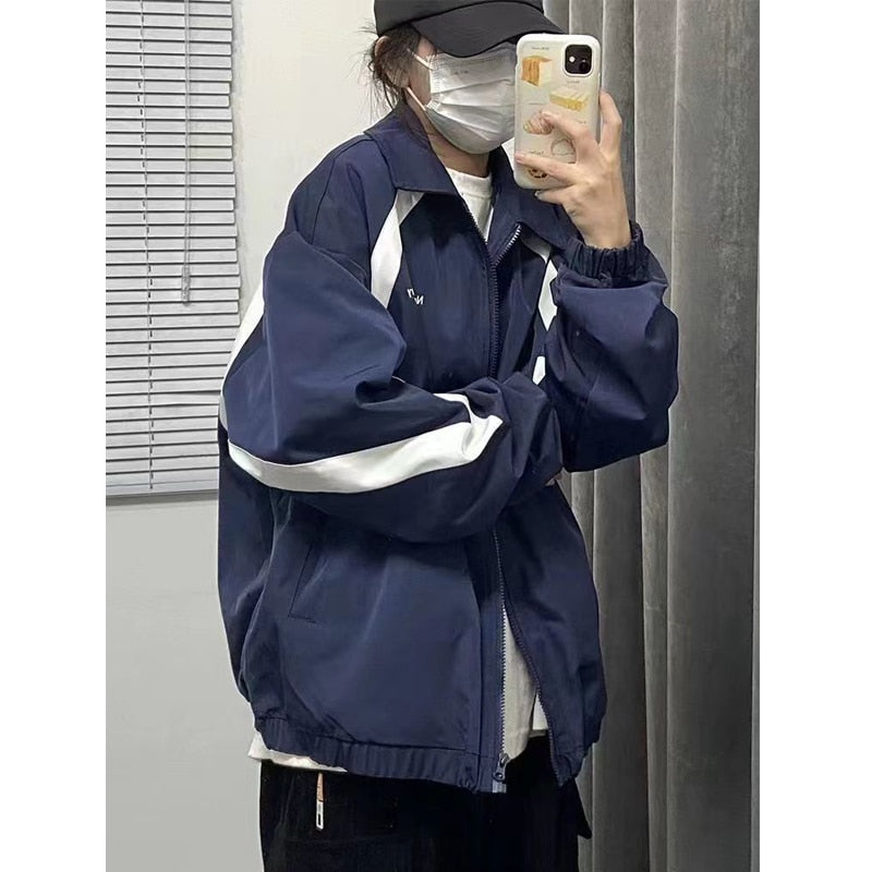 Peneran Back to School Women Track Jackets Vintage Harajuku Oversized Korean Streetwear Y2k Patchwork Windbreak Hip Hop Female Spring Coat BF
