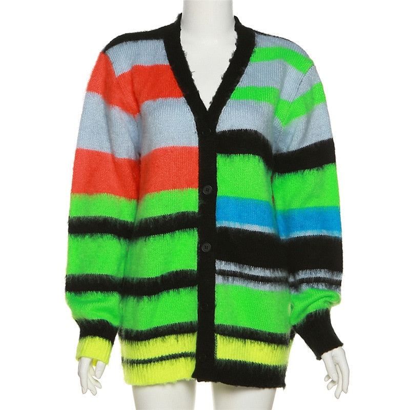 Peneran 2023 Cardigan Sweater Y2K Women Button Contrast Color Patchwork V-Neck Lantern Sleeve Top Street Hipster Loose Coat