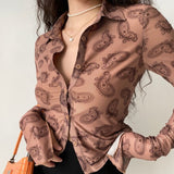 Peneran Vintage Hippie Blouses Women Y2k 2000s Aesthetic Shirts Flare Long Sleeve Female Cropped Retro Printed Tops Streetwear