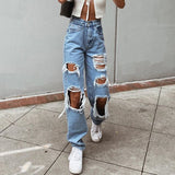 Back to School Women's Fashion Sexy Jeans Casual High Waist Pants Ripped Trousers Women Jeans Retro Denim Ripped Holes Frayed Loose Jeans Women