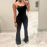 Peneran Casual Spaghetti Strap Black Jumpsuits For Women 2023 Summer High Street One-Piece Outfits Slim Bodycon Jumpsuit Wide Leg
