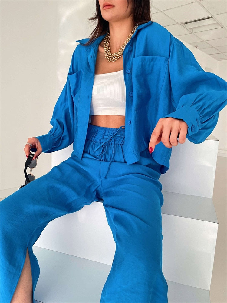 PENERAN Back To School Women Casual Suits Long Sleeve Lapel Shirt Top And Slit Wide Leg Pants Two Piece Set Female Fashion Tracksuit Outfit