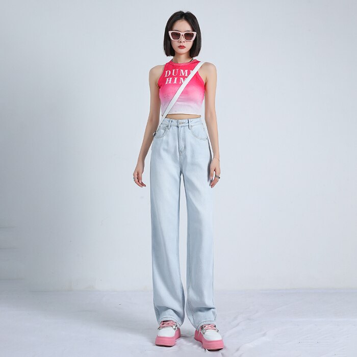 back to school Wide leg jeans women's 2023 summer trousers Baby blue high street new loose high waist draping floor pants