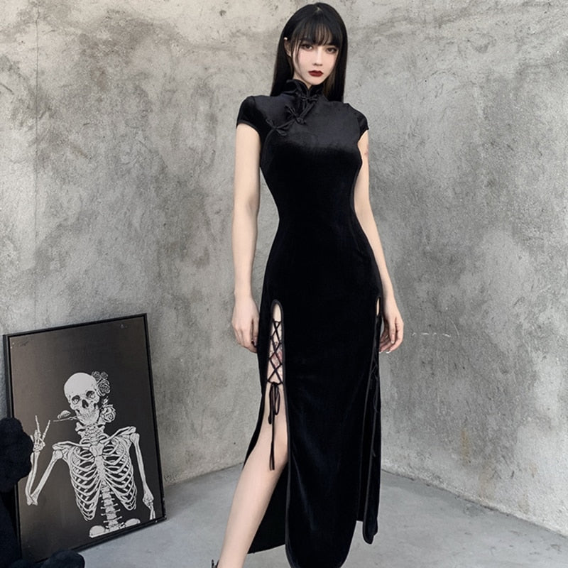 Peneran back to school Vintage Black Bandage Chinese Style Cheongsam High Split Velvet Dress Spring 2023 Retro Long Qipao Gothic Women Aesthetic Dress