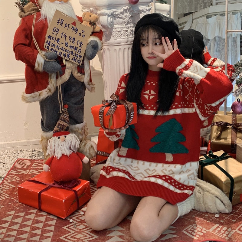 Christmas Gifts Oversized Red Sweaters Loose Thickened Knitted Tops Winter Pullover Knitted Coat Christmas Vintage Women Sweater Tops Christmas