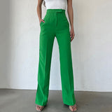 Peneran Women Casual Elegant Long Pants Green High Waist Wide Leg Trouser Female 2022 Summer Chic Pocket Zipper Office Ladies Trousers