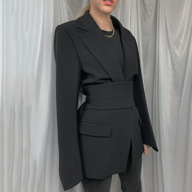 PENERAN Fashion Blazer Women's Spring Tie Waist Slim Fit Business Blazer And Jacket Retro Cardigan Khaki Black Ladies Tops 2022 New