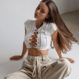 Peneran Summer Ribbed Short Sleeve Tank Tops For Women White Hollow Out Lace-up Cute Cropped Top Tee Female Y2k Camis Hot Top 2023