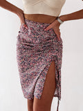PENERAN Spring High Waist Skirts Floral Print Drawstring Women Split Midi Skirt 2022 Female Casual Boho Bodycon Skirts
