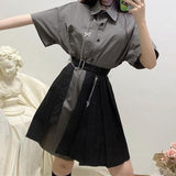 PENERAN Women Clothes Fashion 2022 Vinatgetwo Piece Dress Women Chain Button Up Shirt Korean Gothic Pleated Skirt Oversized Streetwear Summer Punk Sets Kpop