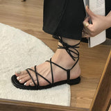 Cyber Monday Sales Women Summer Sandals Square Toe Pu Leather Ankle Strap Ladies Flat Beach Shoes 2022 Fashion Rome Cross-Tie Female Sandal