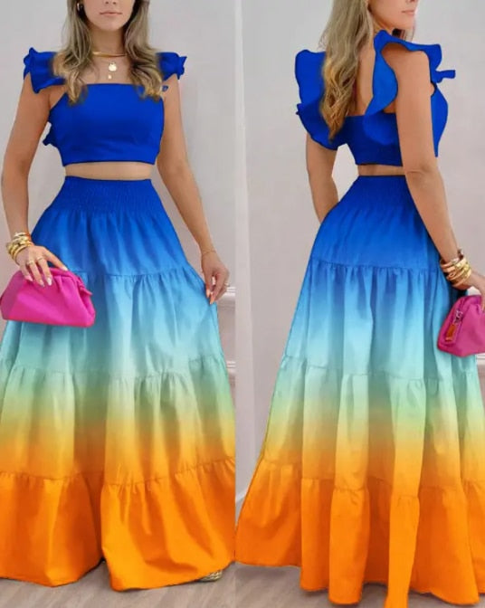PENERAN Summer Female Hot Style Ruffled Suspenders Pleated Back Crop Top And Long Skirt Solid Color Two-Piece Set Women 2022 Fashion