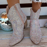 PENERAN 2023 New Fashion Women Ankle Boots Western Cowboy Boots Clear Glitter Bling Shiny Chunky High Heels Ladies Shoes Party Wedding