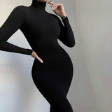 PENERAN Turtleneck Long Dress Autumn Winter Muslim Elegant Office Lady Skinny Long Sleeve Bodycon Casual Dress Women Midi Clubwear GV464