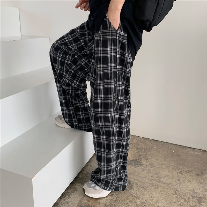 Cyber Monday Sales Black And Pink Plaid Pants Oversize Women Pants High Waist Loose Wide Leg Trousers Ins Retro Teens Straight Trousers Streetwear