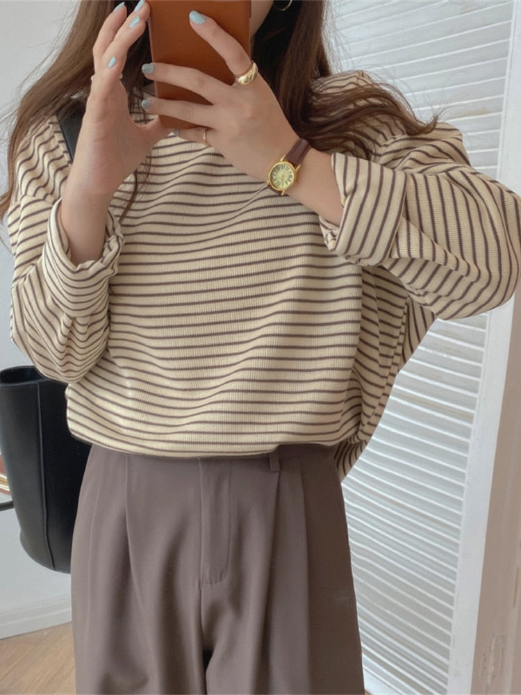 Peneran Coffee Stripes Cotton T-Shirts Women Loose-Fitting Autumn 2022 Hot Sale Lady Casual Full Sleeve Chic All Match Tops