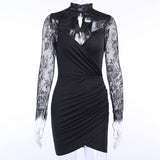 Peneran Lace Slim Patchwork Mini Dress Black V-Neck For Women Printed Long Sleeve Fashion Party Dress Sheer Mesh Bodycon dress