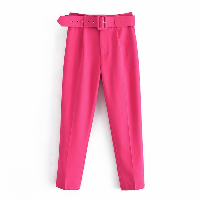 Peneran Women's Pants High Waist With Belt Classic Pockets Office Lady Ankle Length Trousers Female 2022 Spring Fashion Pink Harem Pants