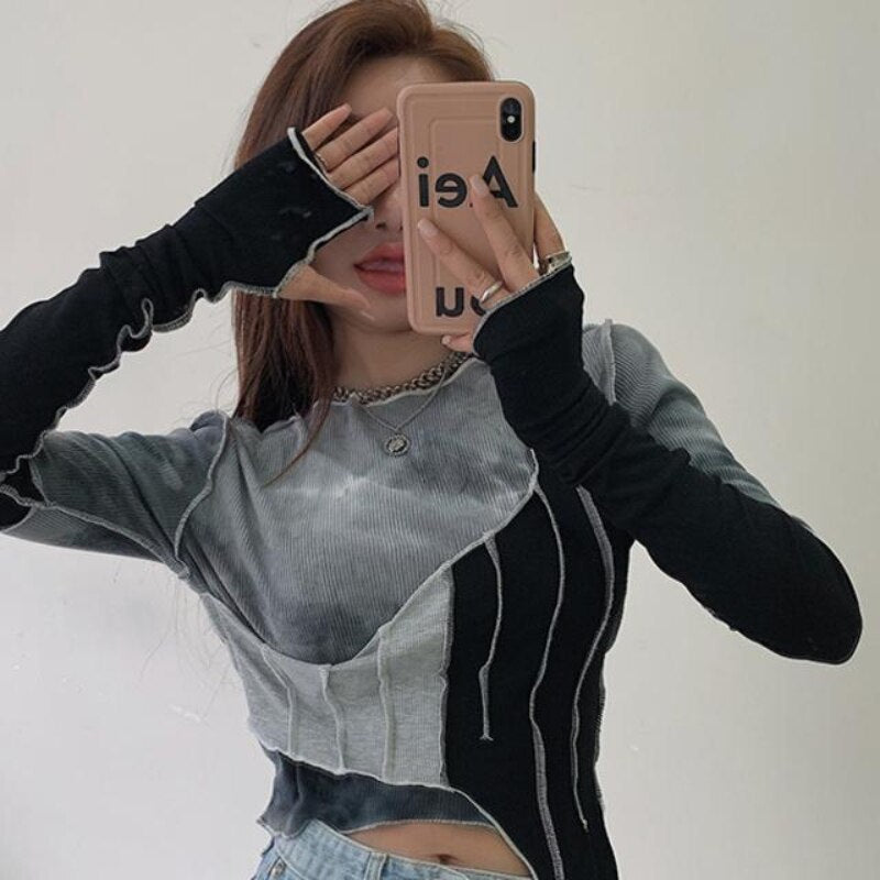 Peneran Back to School Harajuku Women T-shirts Kpop Y2k Girl Sexy Crop Tops Long Sleeve Tees Korean Streetwear Tie Dye Tshirts Chic Female