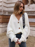 Peneran Zoki Women Knitted Cardigans Sweater Fashion Autumn Long Sleeve Loose Coat Casual Button Thick V Neck Solid Female Tops 2022