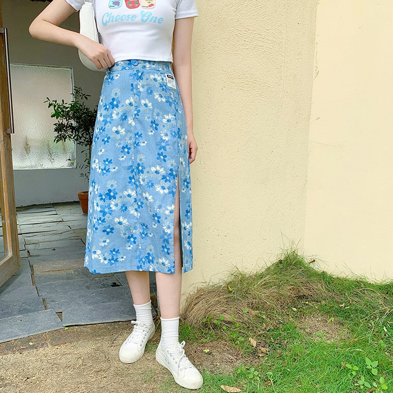PENERAN Big Size Side Split Jean Skirts Summer High Waist Printed Floral Blue Skirts Elastic Waist Retro Streetwear Casual Denim Skirts