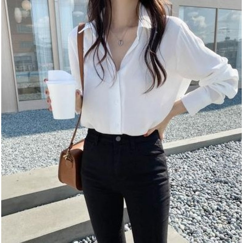 Peneran Korean Style Temperament Loose White Shirt Black Professional OL Top Shirts Blouse Loose Casual Blusa Mujer