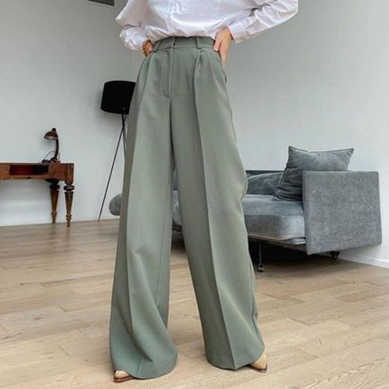 Peneran Green Wide Leg Women's Pants High Waist Straight Pants For Women New Spring Summer Office Lady Loose Casual Trouser Female