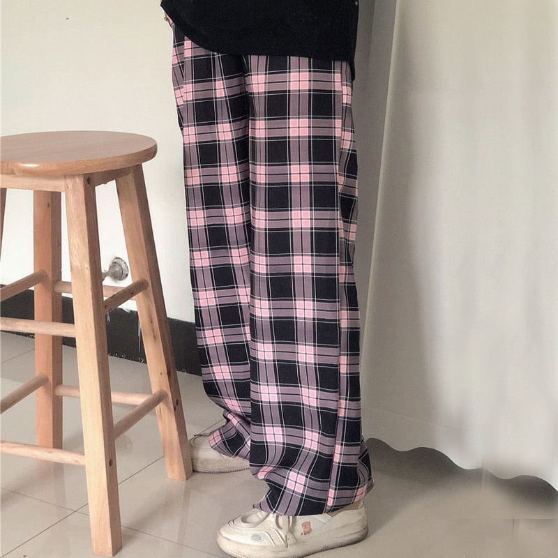 Cyber Monday Sales Black And Pink Plaid Pants Oversize Women Pants High Waist Loose Wide Leg Trousers Ins Retro Teens Straight Trousers Streetwear