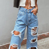 Back to School Women's Fashion Sexy Jeans Casual High Waist Pants Ripped Trousers Women Jeans Retro Denim Ripped Holes Frayed Loose Jeans Women