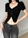 Peneran Black Knitted Crop Top Korean Asymmetrical Square Collar Basic Tee Women Korean Short Sleeve Button Summer T Shirt New