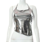 Peneran Silver Summer Glitter Crop top Sleeveless Hot Backless Female Cute Vest Drawstring Sequin High Waist Metallic Camisole