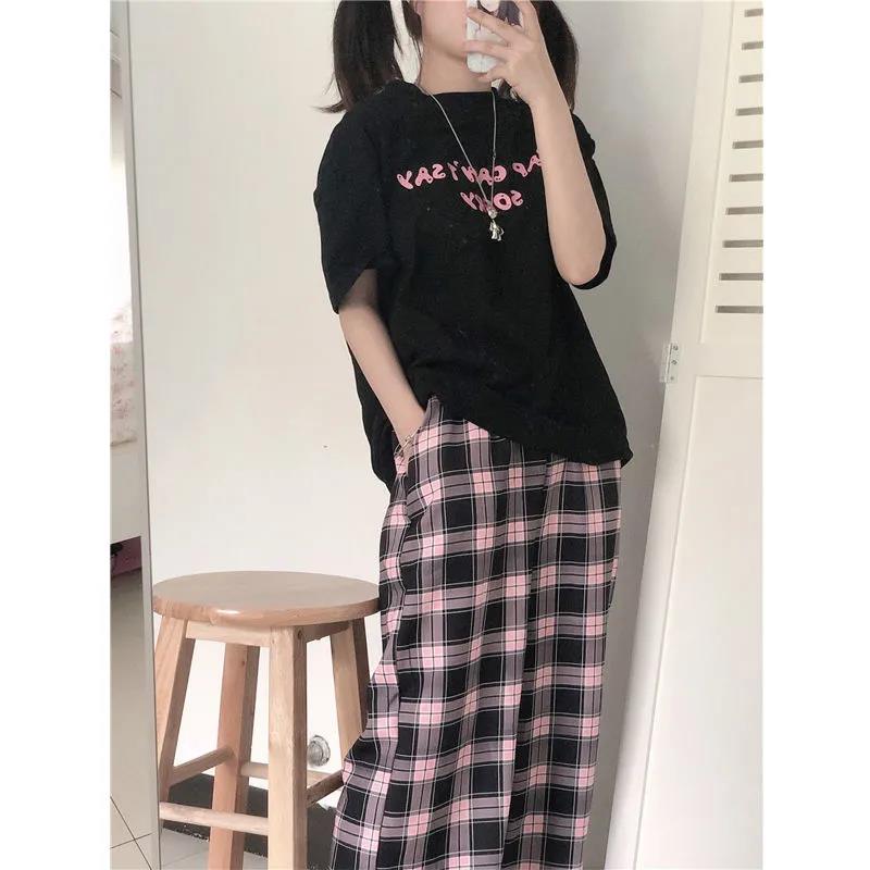Peneran Black And Pink Plaid Pants Oversize New Women Casual Loose Wide Leg Trousers Ins Retro Teens Straight Trousers Hiphop Streetwear