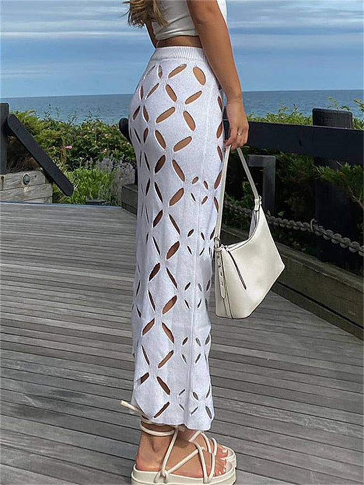 Peneran Summer Hollow Out Knitted Long Skirt Sexy Holiday Beach Bottom Y2k Skirt White High Waist Casual See-Through Maxi Skirt