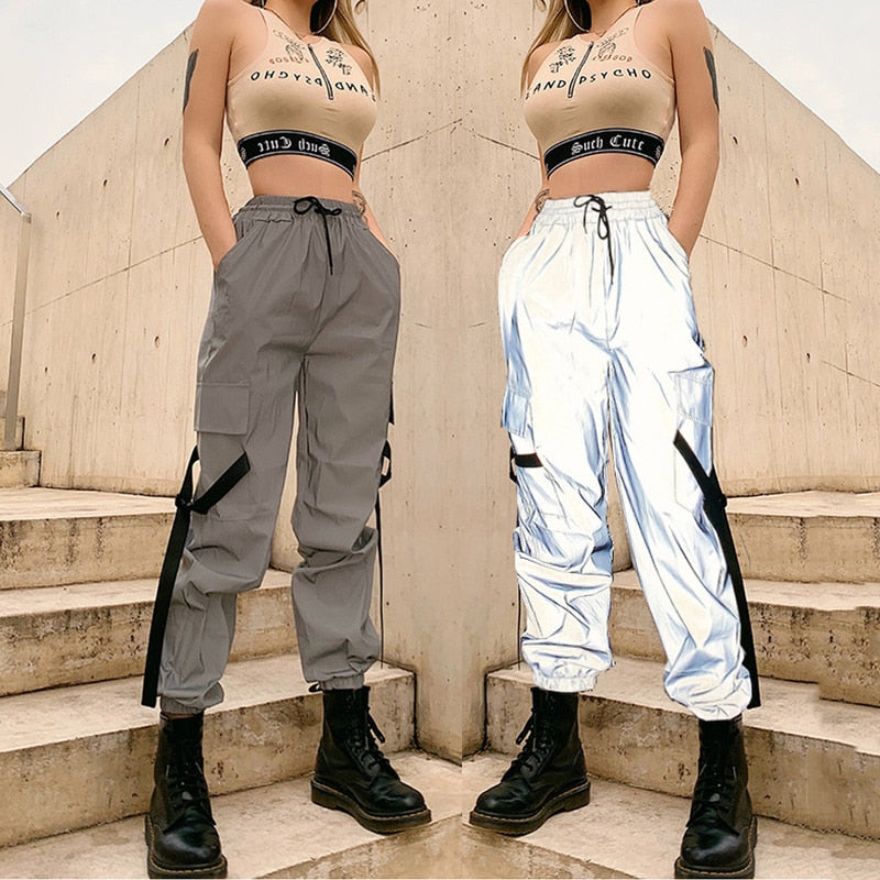 PENERAN Silver Gothic Streetwear Woman Pants Casual Mesh Patchwork High Waist Trousers Hippie Joggers Women Clothes 2022 Spring Summer