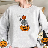 Peneran Pumpkin Skeleton Halloween Crewneck Sweatshirt Funny Pumkin Coffee Retro Halloween Hoodies Women Print Fall Spooky Sweatshirt