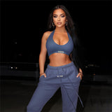 PENERAN Sporty Two Piece Set Halter Crop Tops+Drawstring Sweatpants Suit Activewear Casual Gym Workout Fitness Womens Outfits Clothes