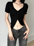 Peneran Black Knitted Crop Top Korean Asymmetrical Square Collar Basic Tee Women Korean Short Sleeve Button Summer T Shirt New