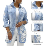 Back to School Denim Jackets Washed Blue Ripped Jeans Coat 2022 New Thin Women Jacket Autumn Winter Casual Holes Female Collar Outwear Jacket