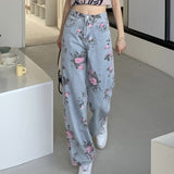 PENERAN 2022 Spring Fashion Women Rose Print Jeans Women Design Loose High Waist Straight Wide Leg Pants