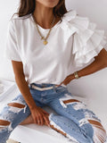 PENERAN 2022 Fashion New Summer Simple Ruffle Short-Sleeved Round Neck Ladies T-Shirt Women's Casual Office Tops Soild Color