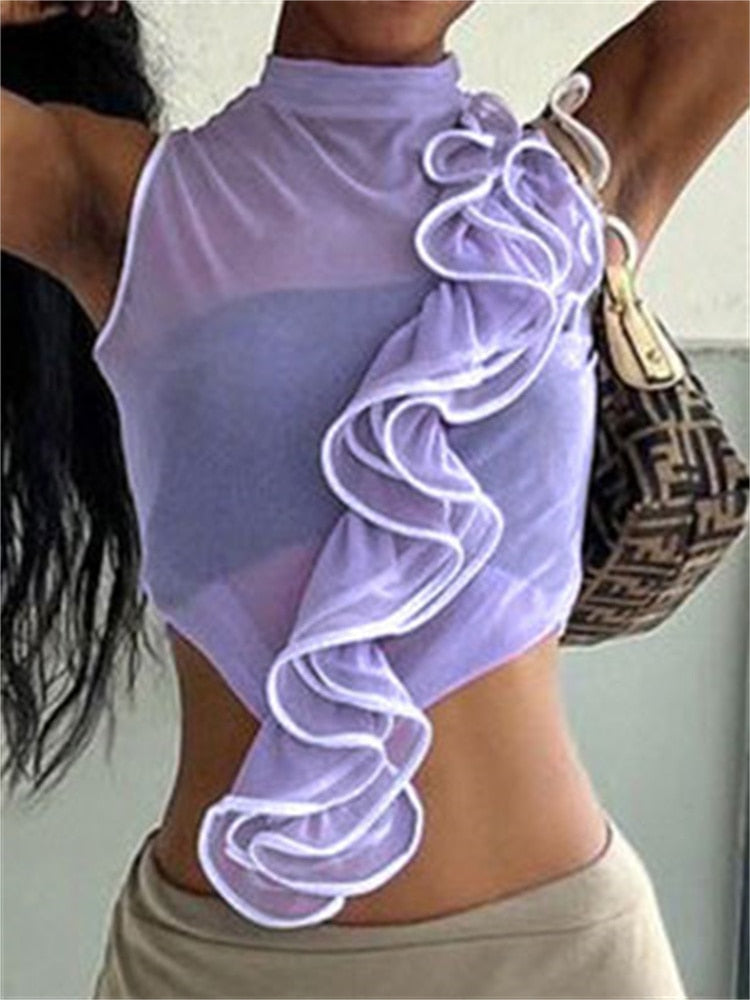 Peneran Ruffled Sleeveless Tank Tops For Women Purple Cute Mesh Cropped Tops Party Designer High Street Summer Mesh Y2k Tops
