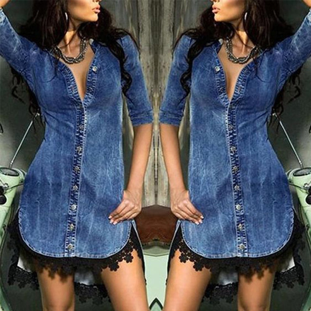 Back to School V Neck Women Denim Dress Single Breasted Cowgirl Solid Shirt Five Point Sleeve Lace Irregular Dress Women Causal Office Dress